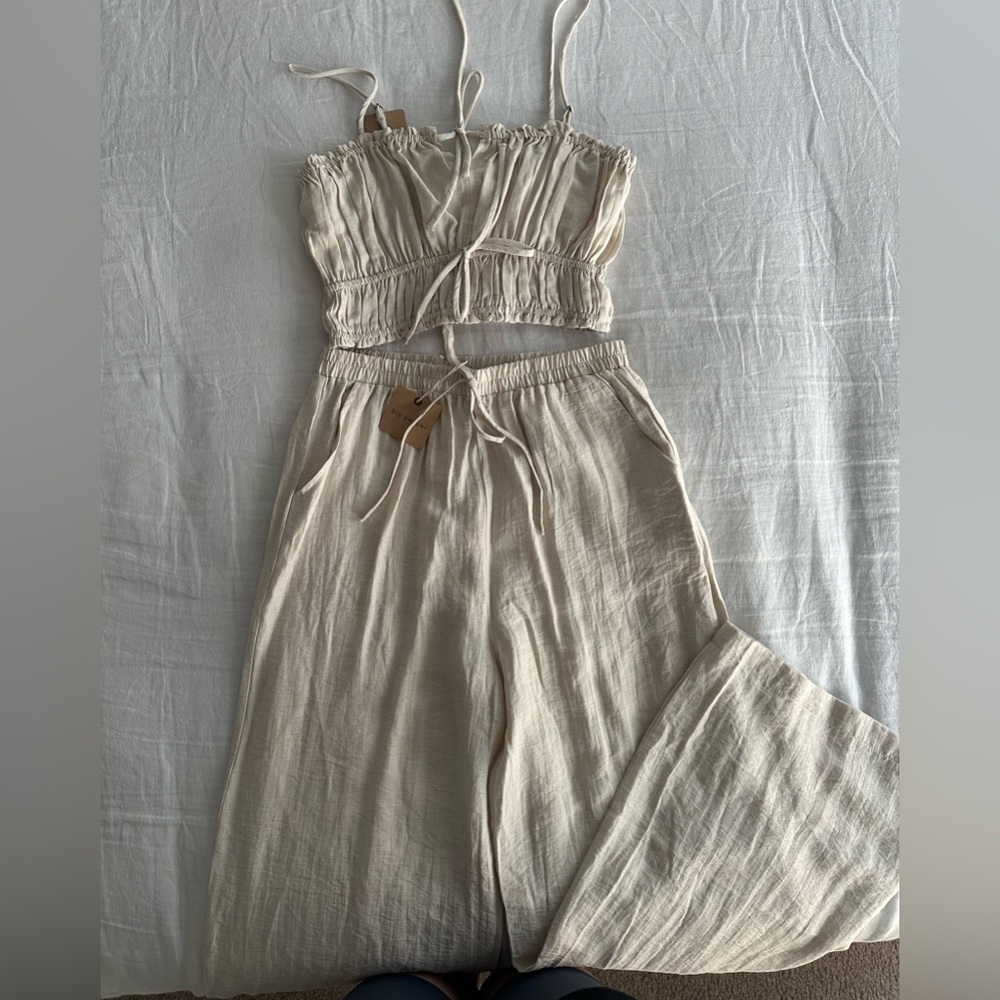 Cream Two-Piece Linen Set with Crop Top and Wide-Leg Pants